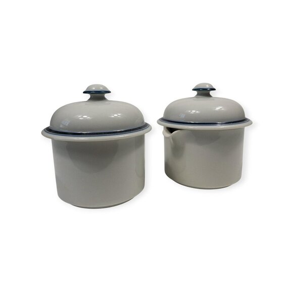 Dansk Bistro Blue Rim Ceramic Sugar & Creamer Set With Lids - Picture 2 of 11
